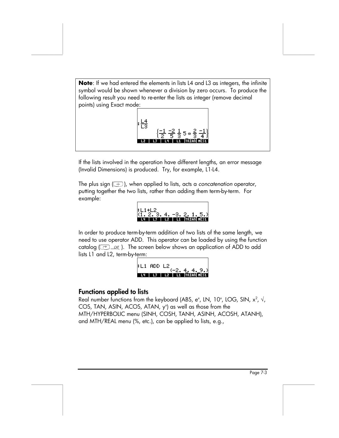 HP 49g manual Functions‚Napplied to lists, When applied to lists, acts a concatenation operator, Example 