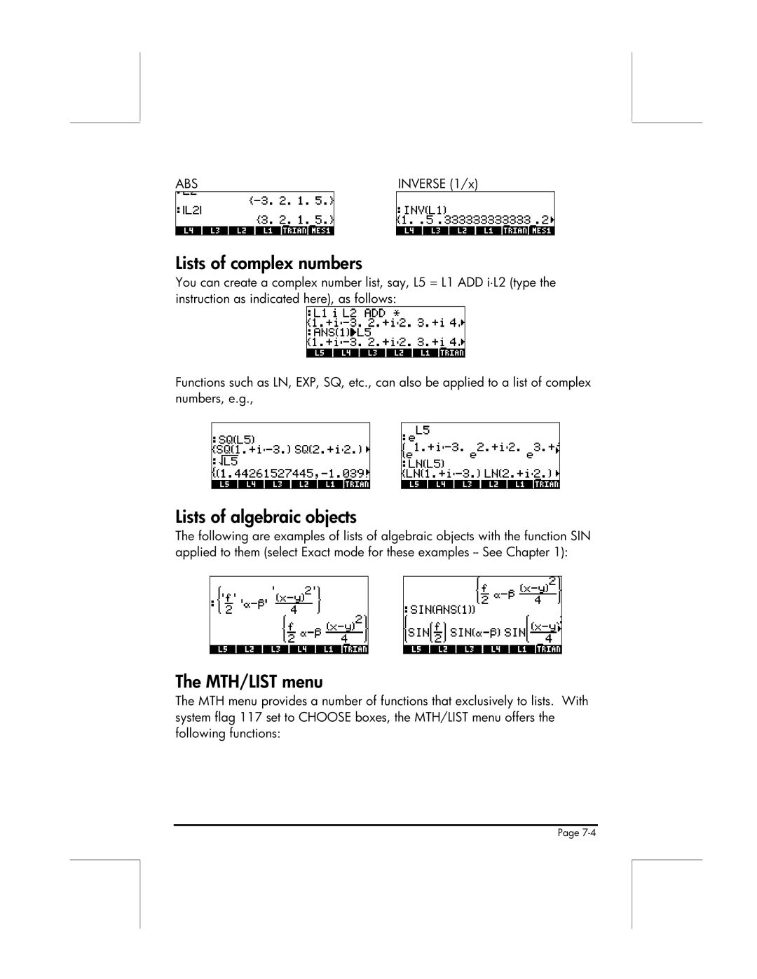 HP 49g manual Lists of complex numbers, Lists of algebraic objects, MTH/LIST menu, Inverse 1/x 