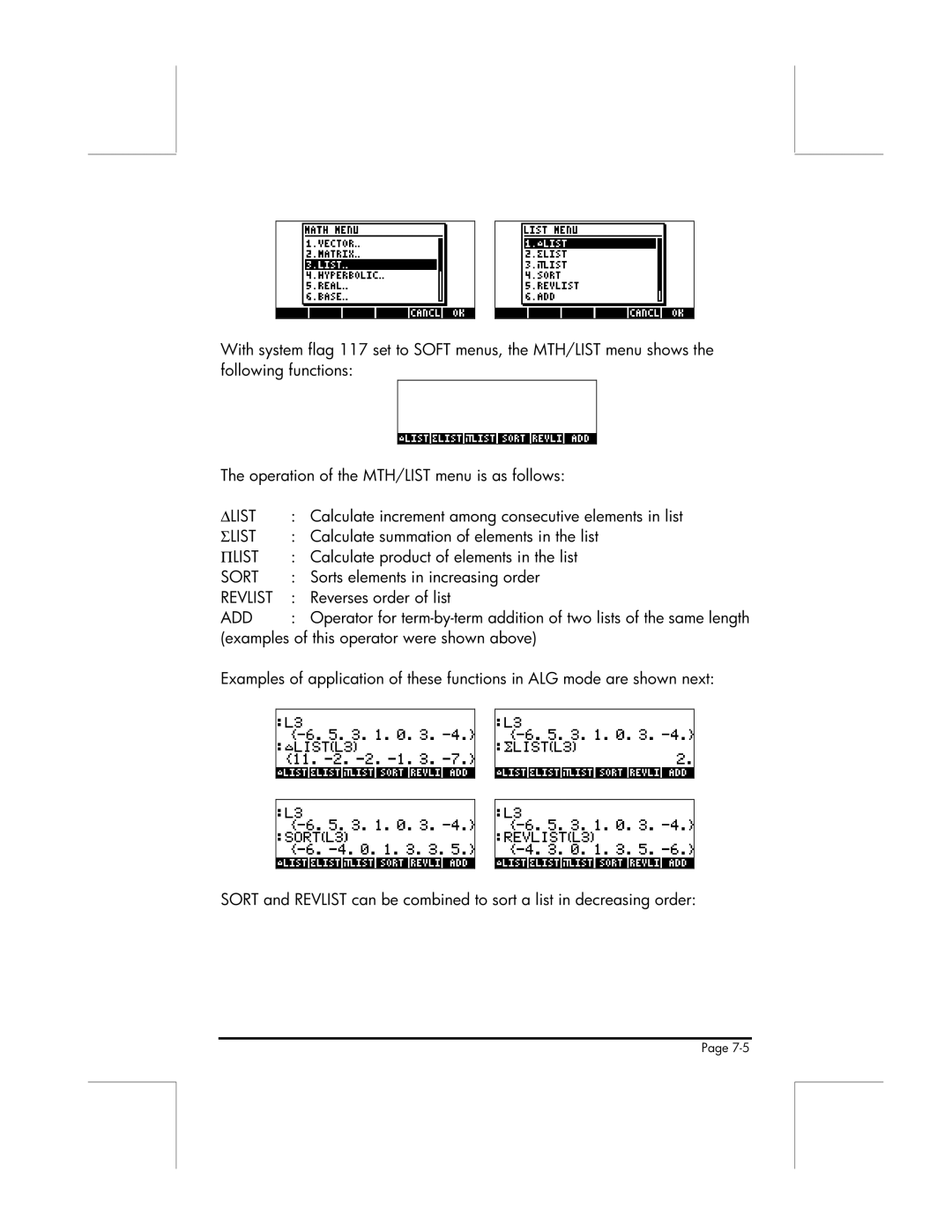 HP 49g manual Calculate increment among consecutive elements in list, Calculate summation of elements in the list 