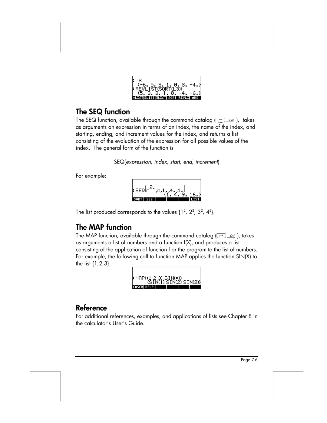 HP 49g manual MAP function Reference, SEQ function, available through the command catalog , takes 