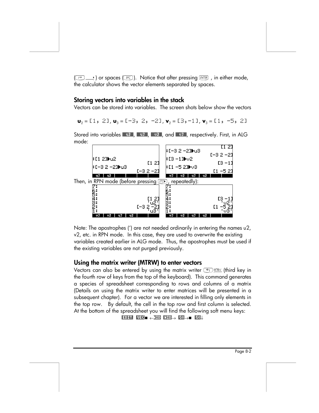 HP 49g manual Storing vectors into variables in the stack, Stored into variables, Mode Then, ‚íin, Repeatedly 