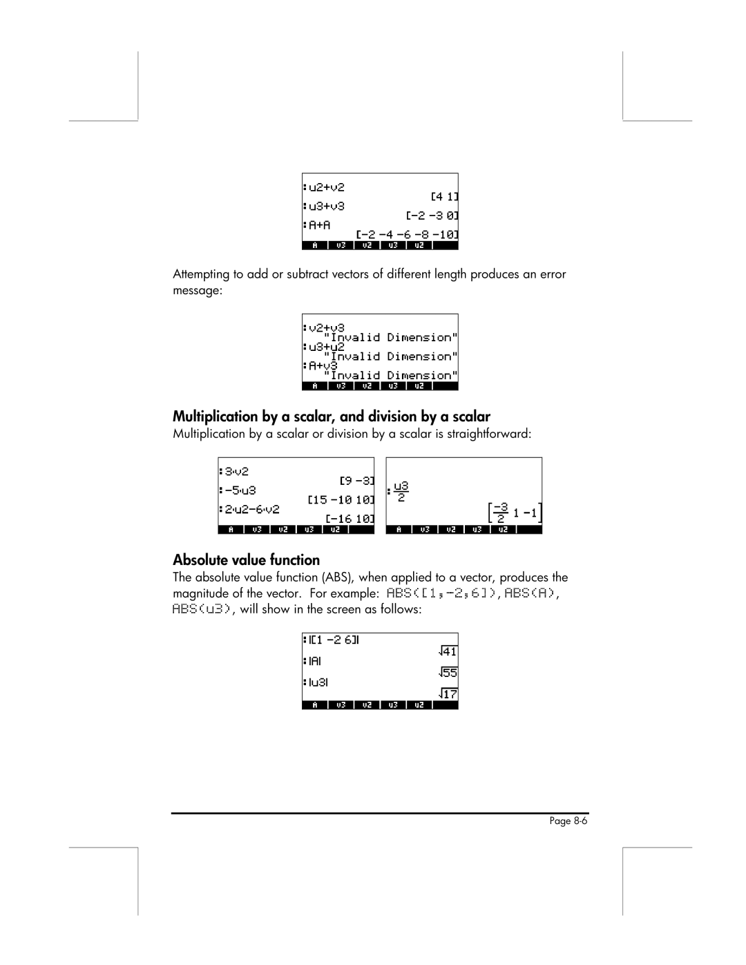 HP 49g manual Multiplication by a scalar, and division by a scalar, Absolute value function 