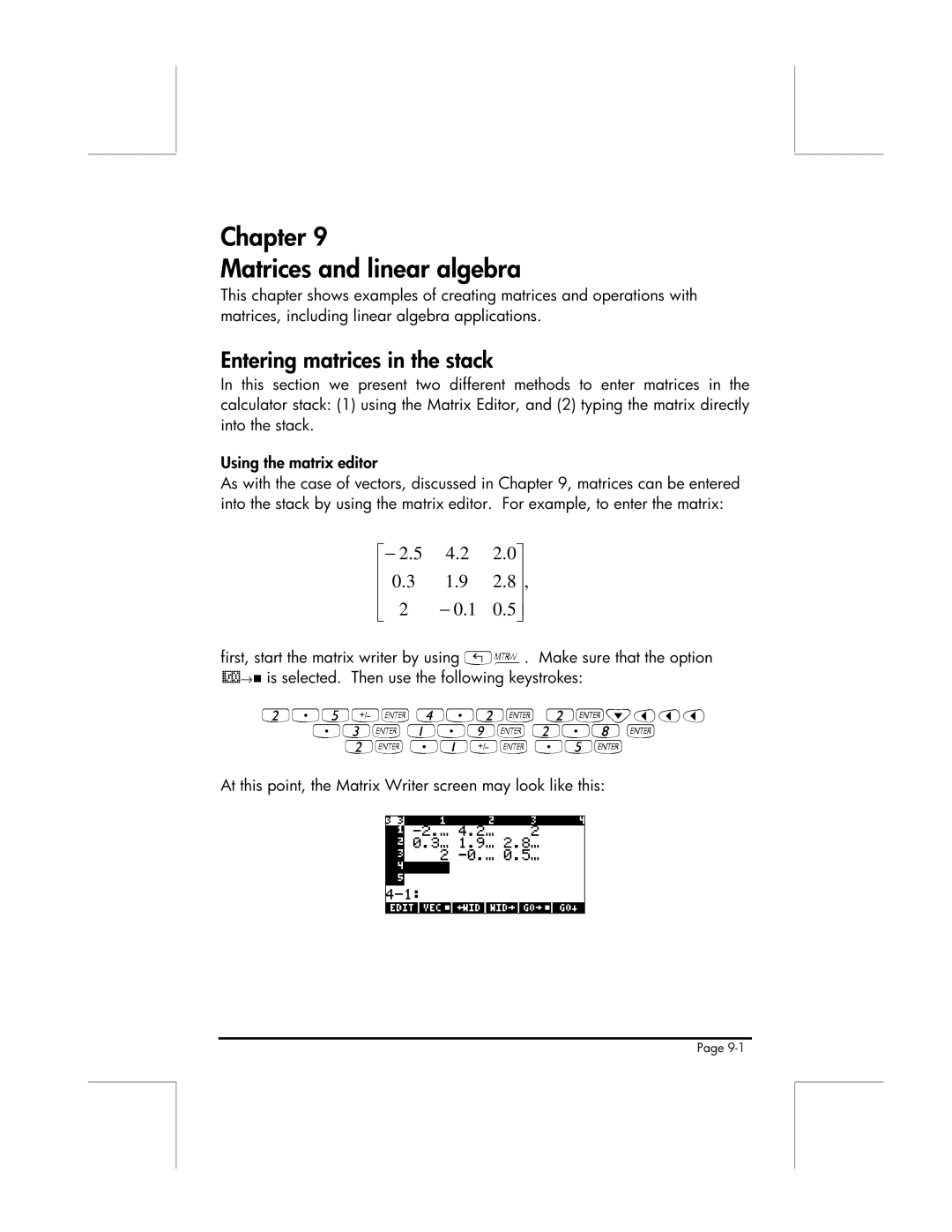 HP 49g manual Chapter Matrices and linear algebra, Entering matrices in the stack 