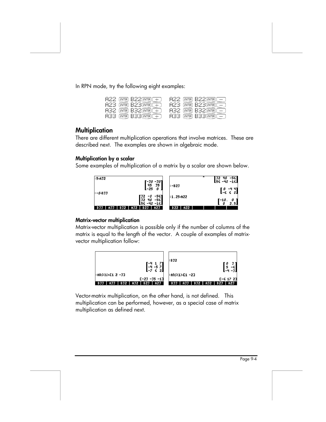 HP 49g manual Multiplication, RPN mode, try the following eight examples 