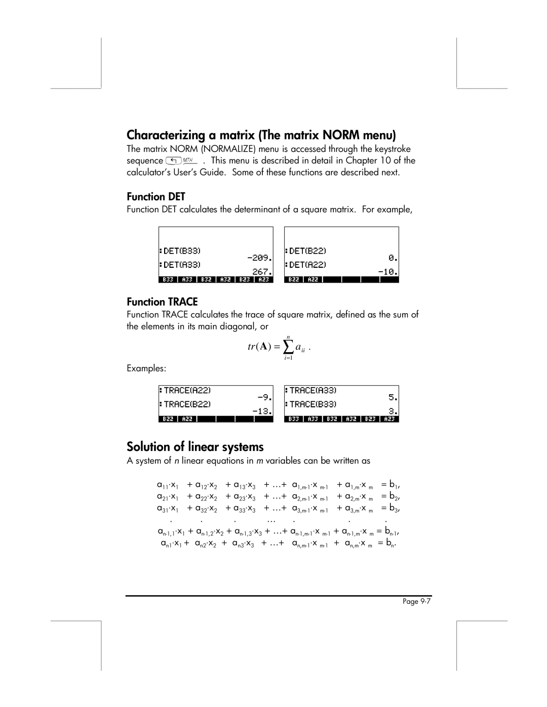 HP 49g manual Characterizing a matrix The matrix Norm menu, Solution of linear systems, Function DET, Function Trace 