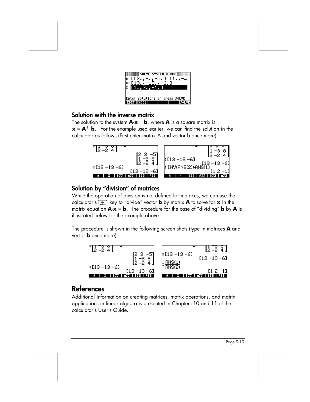 HP 49g manual Solution with the inverse matrix, Solution by division of matrices 