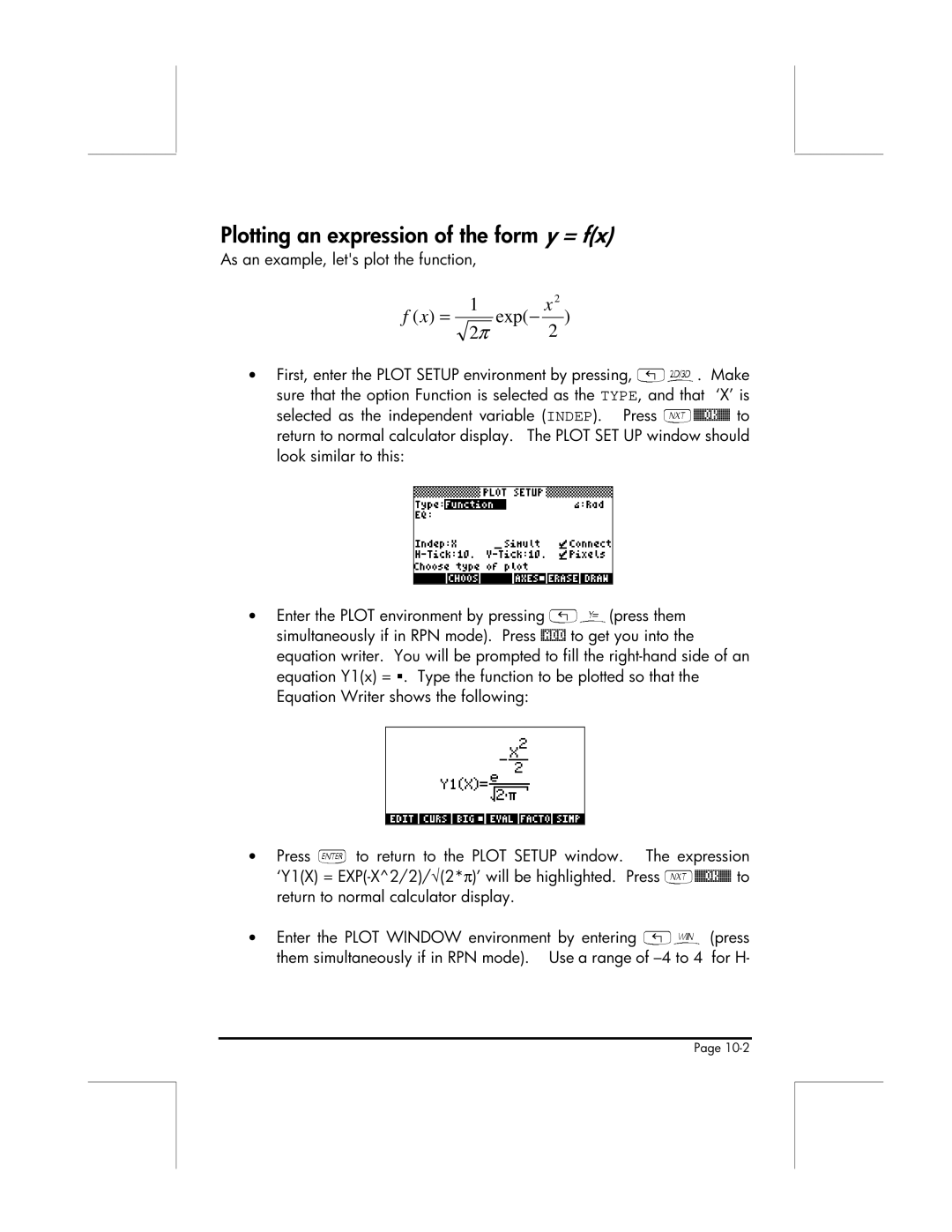 HP 49g manual Plotting an expression of the form y = fx, As an example, lets plot the function 