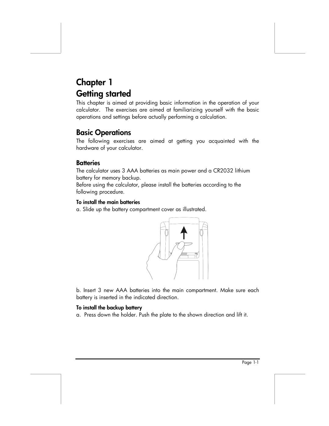 HP 49g manual Chapter Getting started, Basic Operations, Batteries 