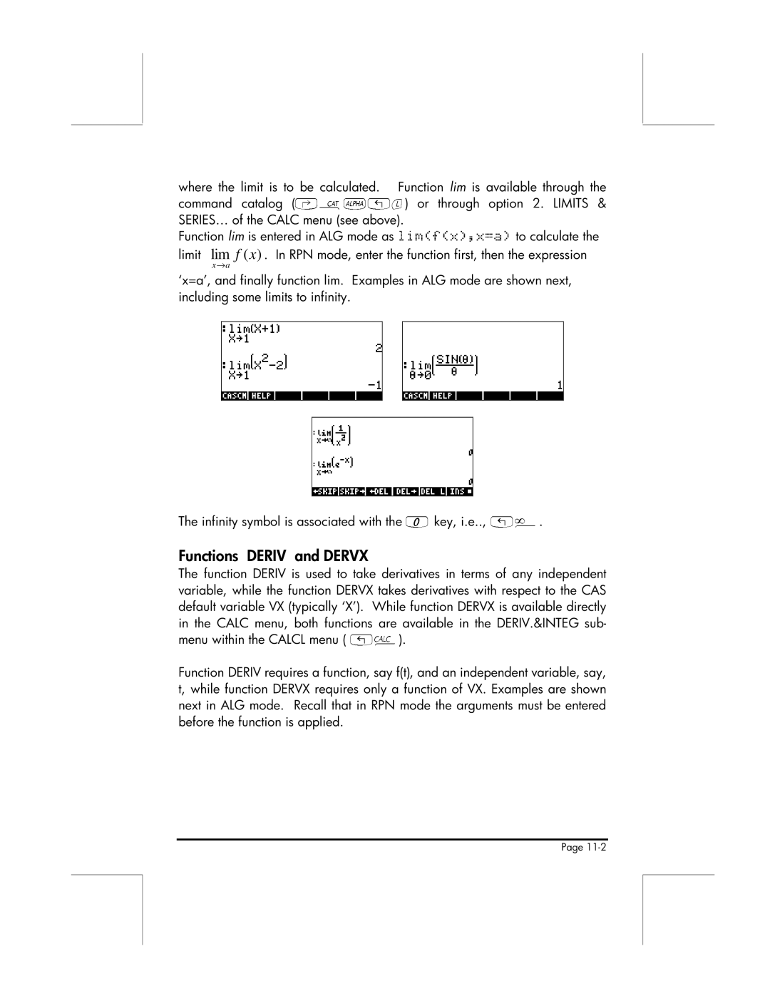 HP 49g manual Including some limits, Infinity symbol is associated with Key, .e, Menu within the Calcl menu 