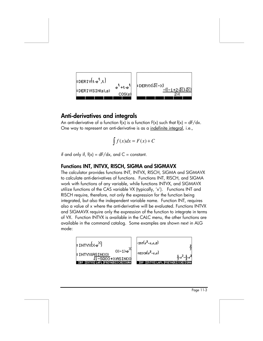 HP 49g manual Anti-derivatives and integrals, Functions INT, INTVX, RISCH, Sigma and Sigmavx 