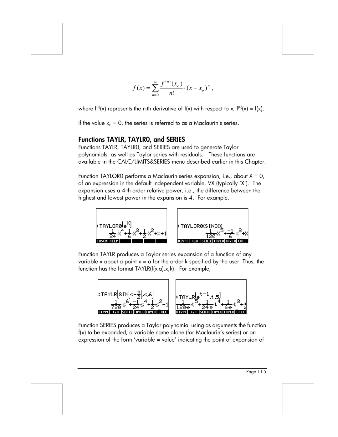 HP 49g manual Functions TAYLR, TAYLR0, and Series, ⋅ x − x o n 