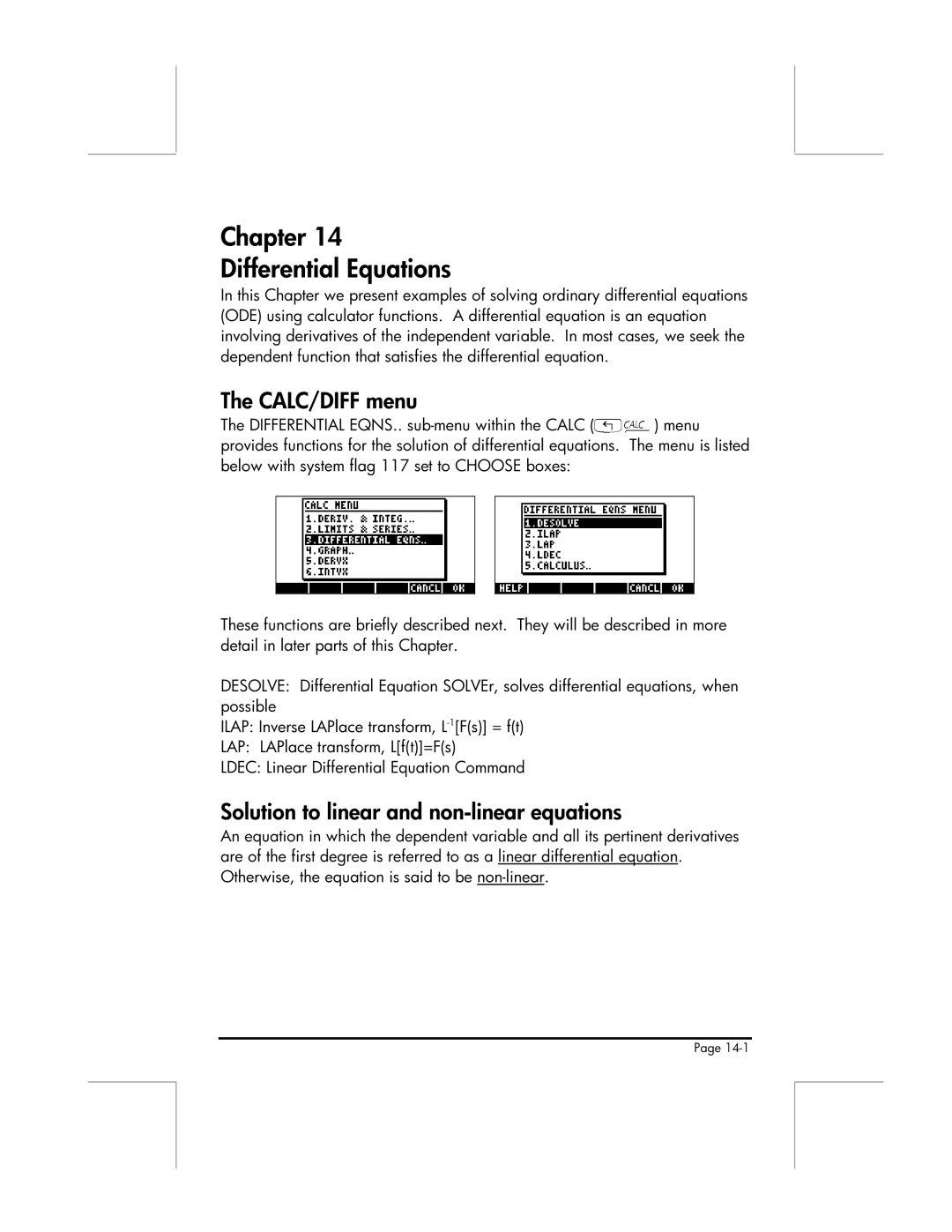 HP 49g manual Chapter Differential Equations, CALC/DIFF menu, Solution to linear and non-linear equations 