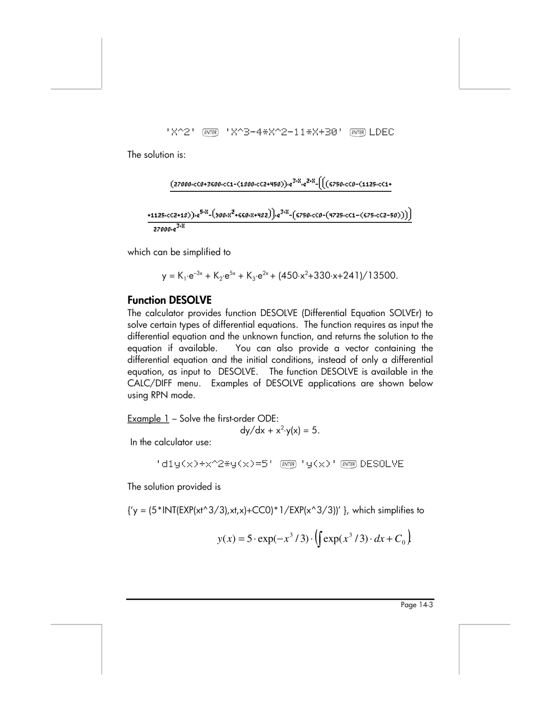 HP 49g manual Function Desolve, Which can be simplified to, = K1⋅e-3x+ K2⋅e5x + K3⋅e2x + 450⋅x2+330⋅x+241/13500 