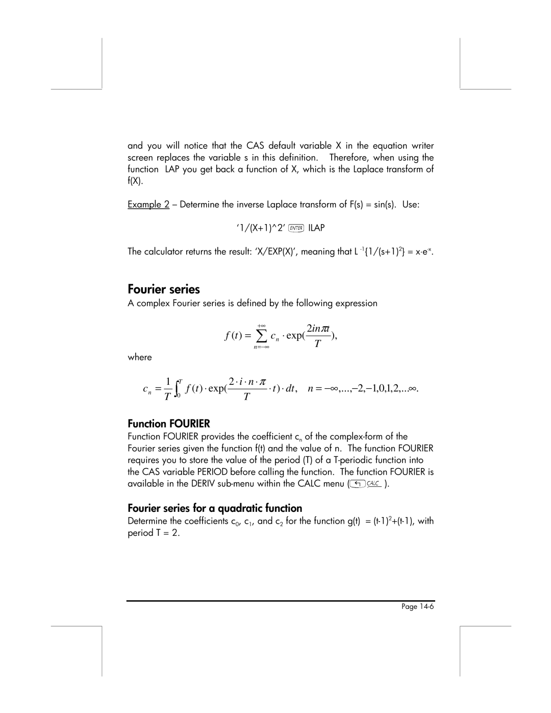 HP 49g manual Function FOURIER`, Fourier series for a quadratic function, Where 