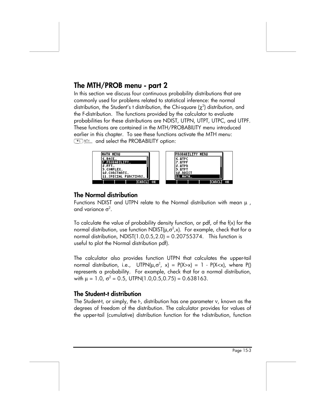 HP 49g manual MTH/PROB menu part, „´The Normal distribution, Student-t distribution 