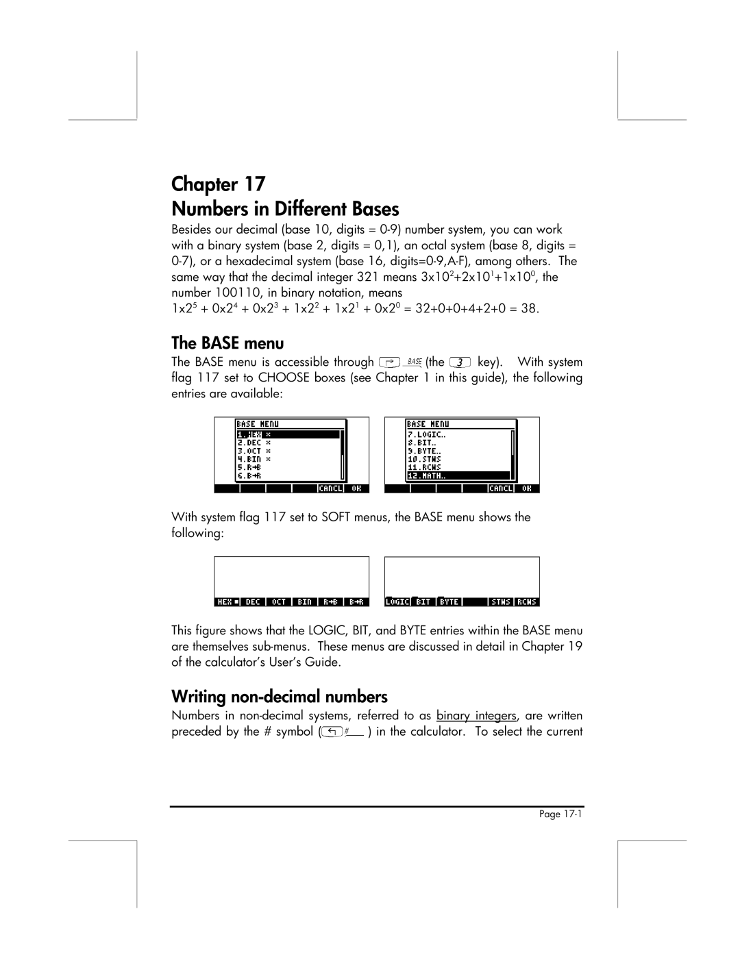 HP 49g manual Chapter Numbers in Different Bases, Base menu, Writing non-decimal numbers 