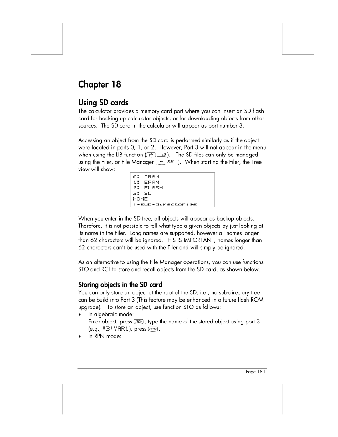 HP 49g manual Chapter, Using SD cards, Storing objects in the SD card 