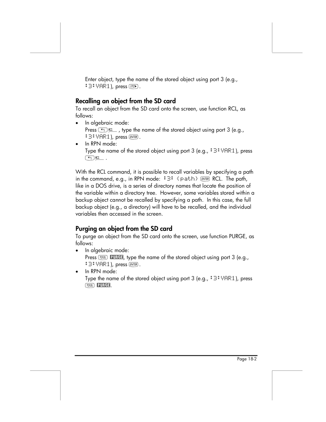 HP 49g manual Recalling an object from the SD card, Purging an object from the SD card 