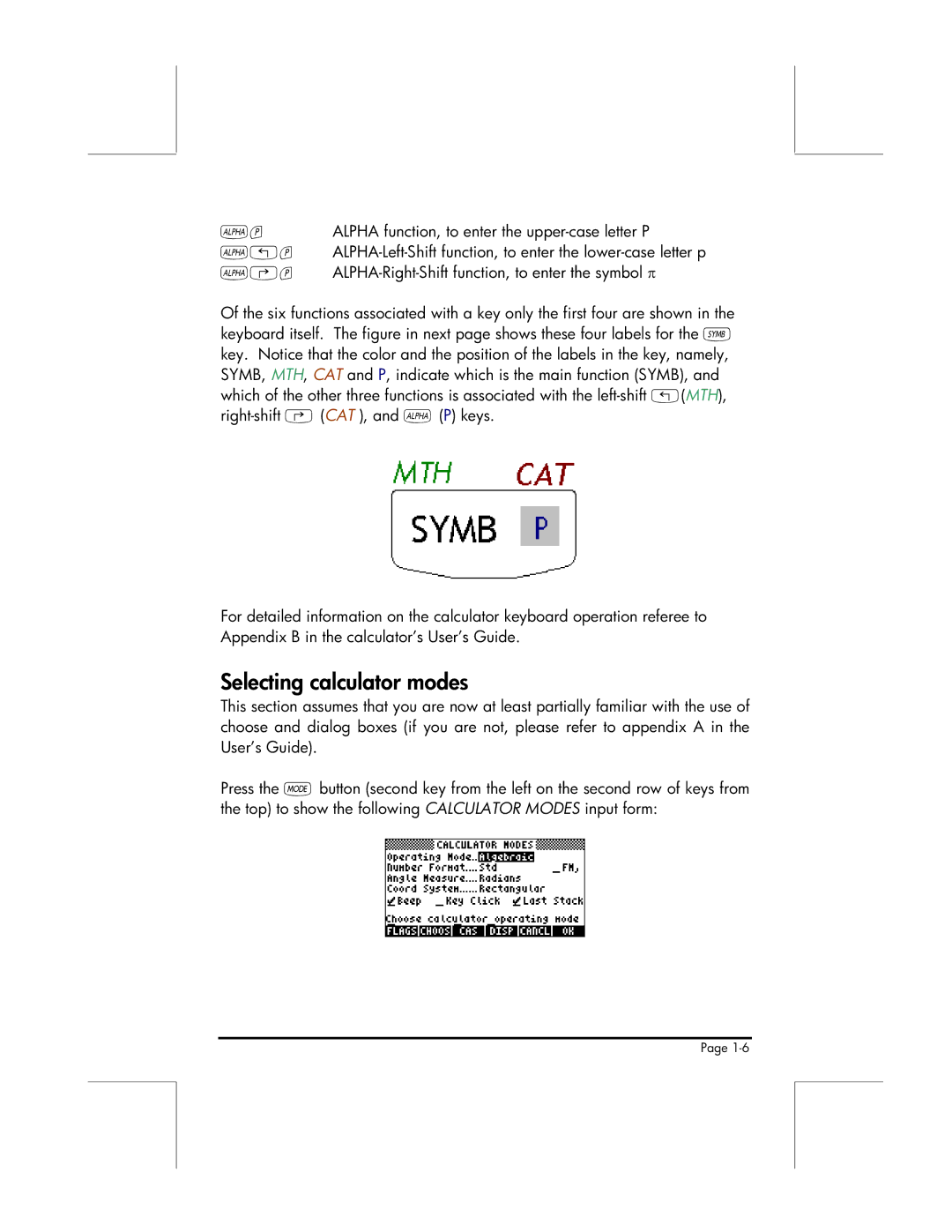 HP 49g manual Selecting calculator modes, Alpha function, to enter the upper-case letter P, ~„p 