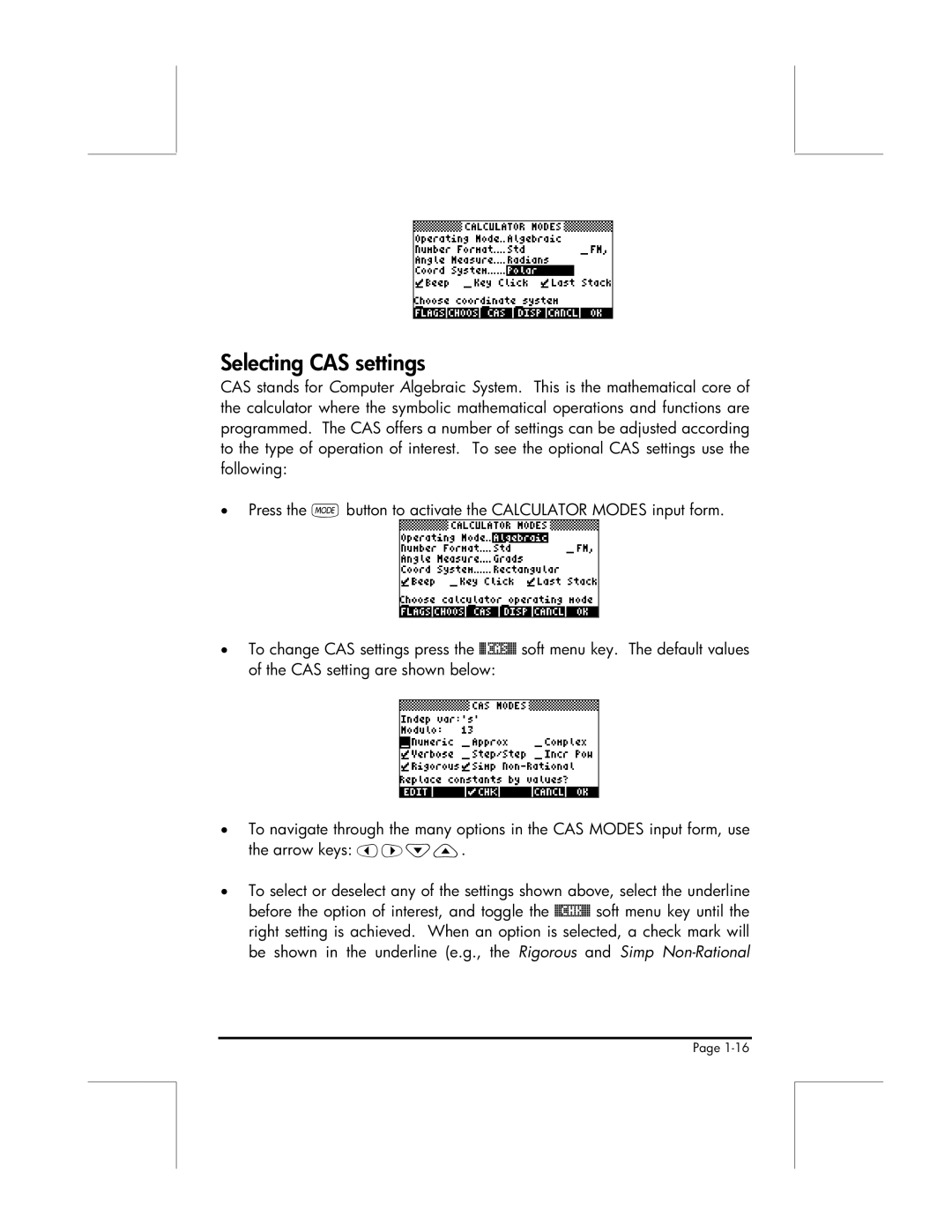 HP 49g manual Selecting CAS settings 