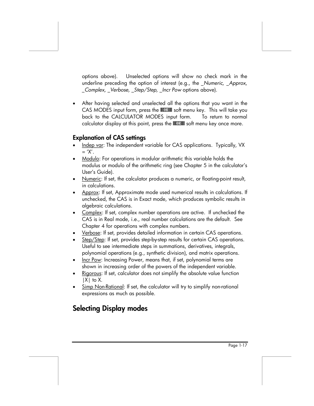 HP 49g manual Selecting Display modes, Explanation of CAS settings 