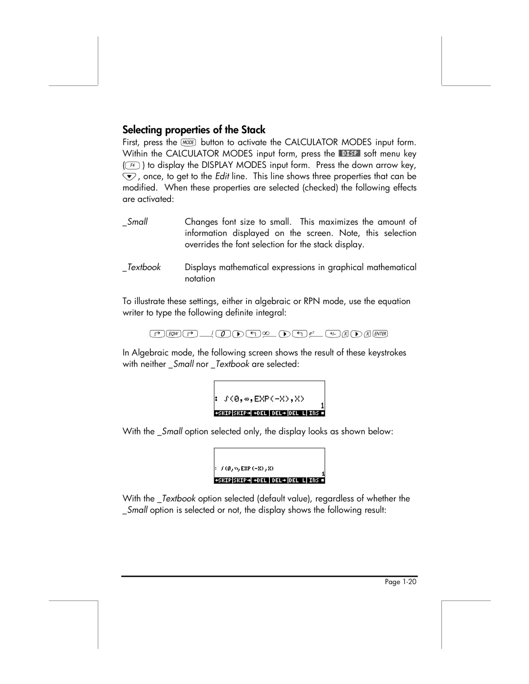 HP 49g manual Selecting properties of the Stack 