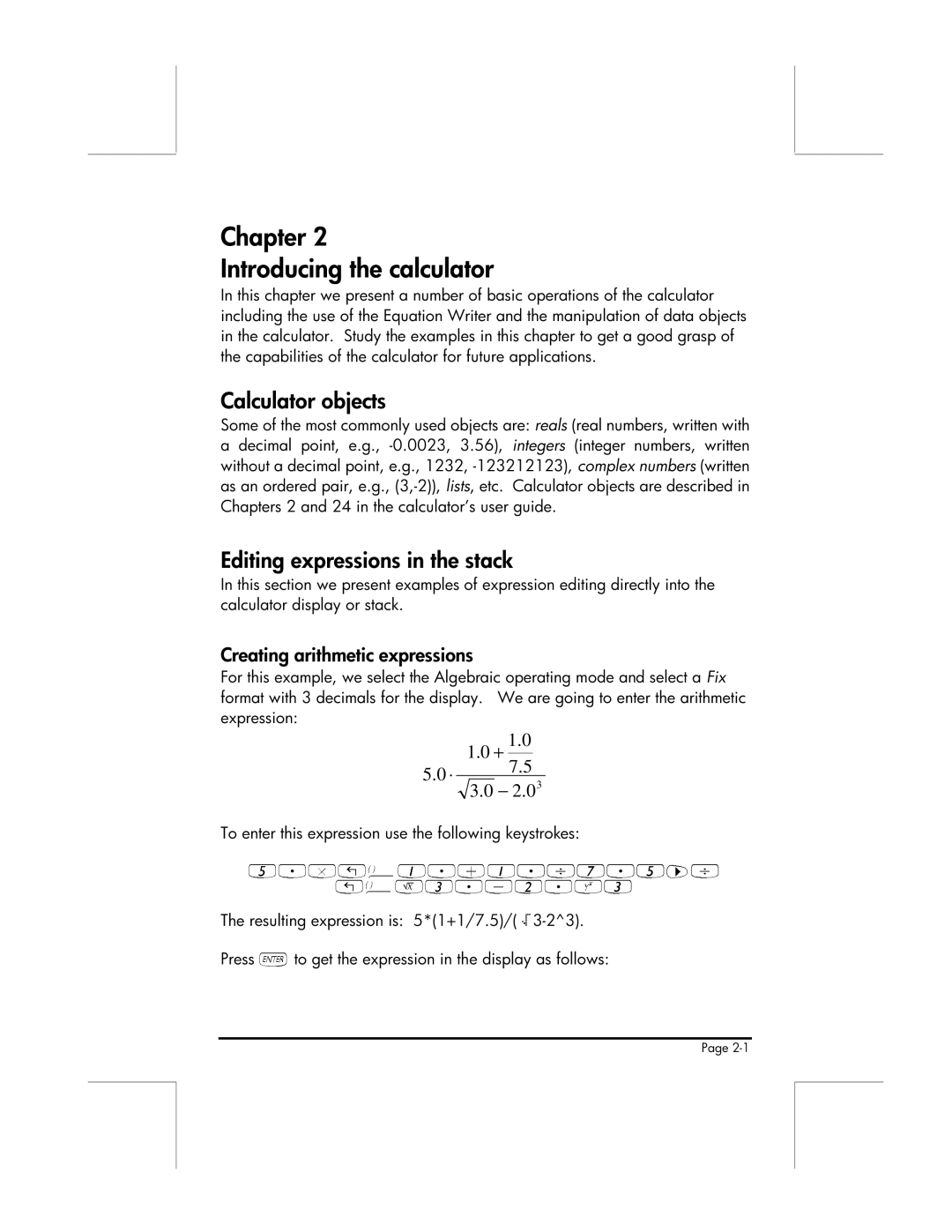 HP 49g manual Chapter Introducing the calculator, Calculator objects, Editing expressions in the stack 