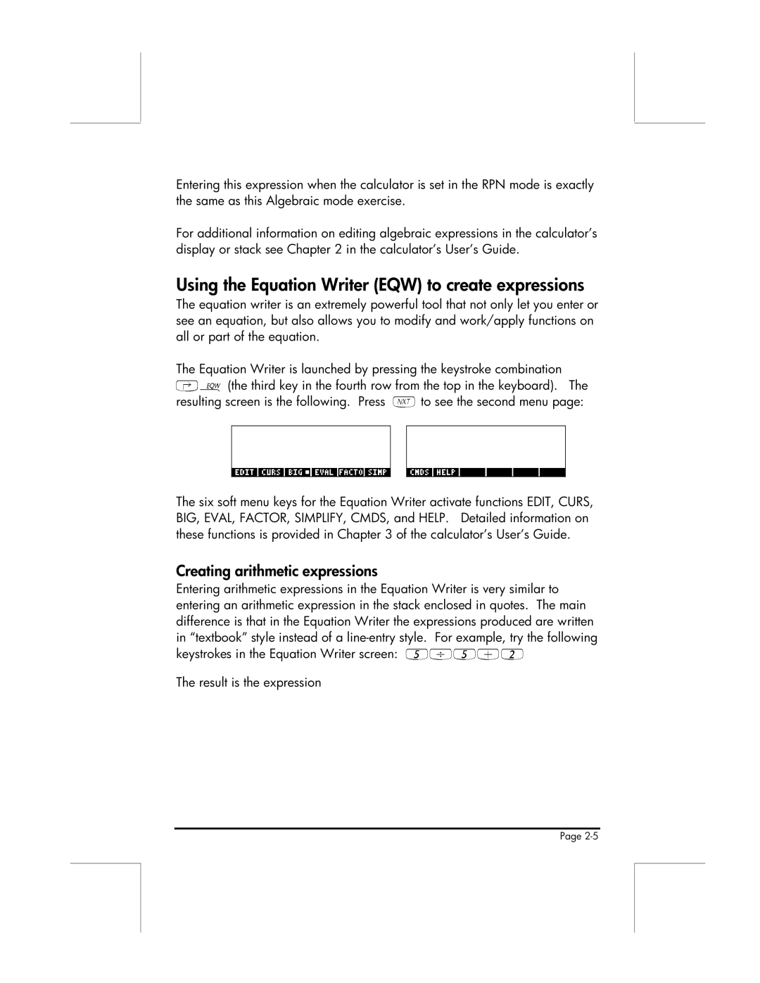 HP 49g manual Using the Equation Writer EQW to create expressions, Creating arithmetic expressions 