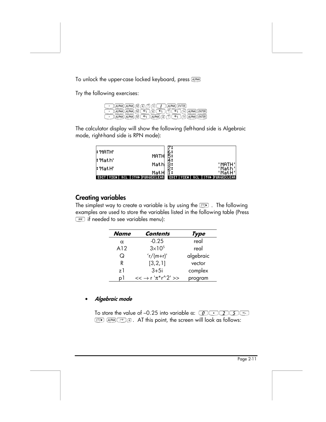 HP 49g manual Creating variables, Name Contents Type 