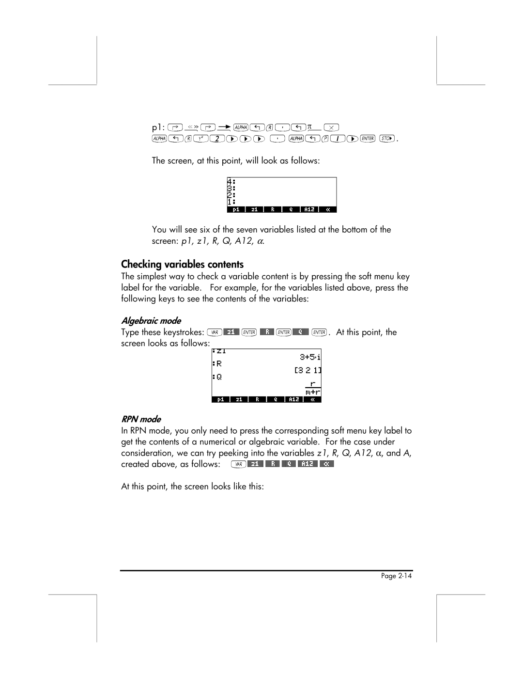 HP 49g manual ‚å‚é~„r³„ì, Checking variables contents 