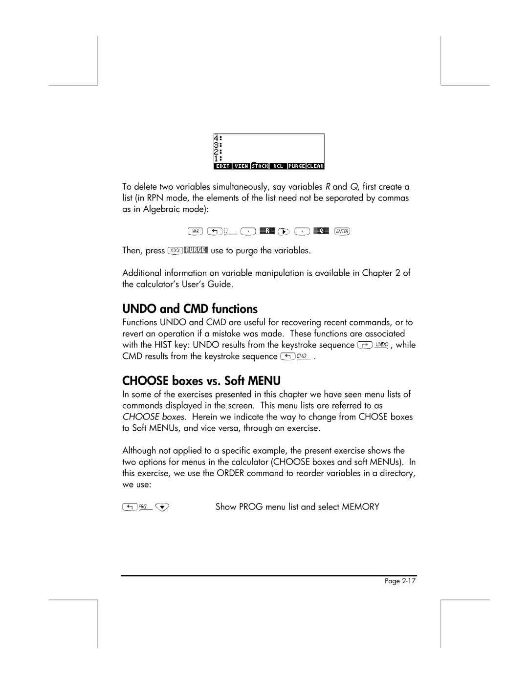 HP 49g manual Undo and CMD functions, Choose boxes vs. Soft Menu, We use Show Prog menu list and select Memory ‚¯ 