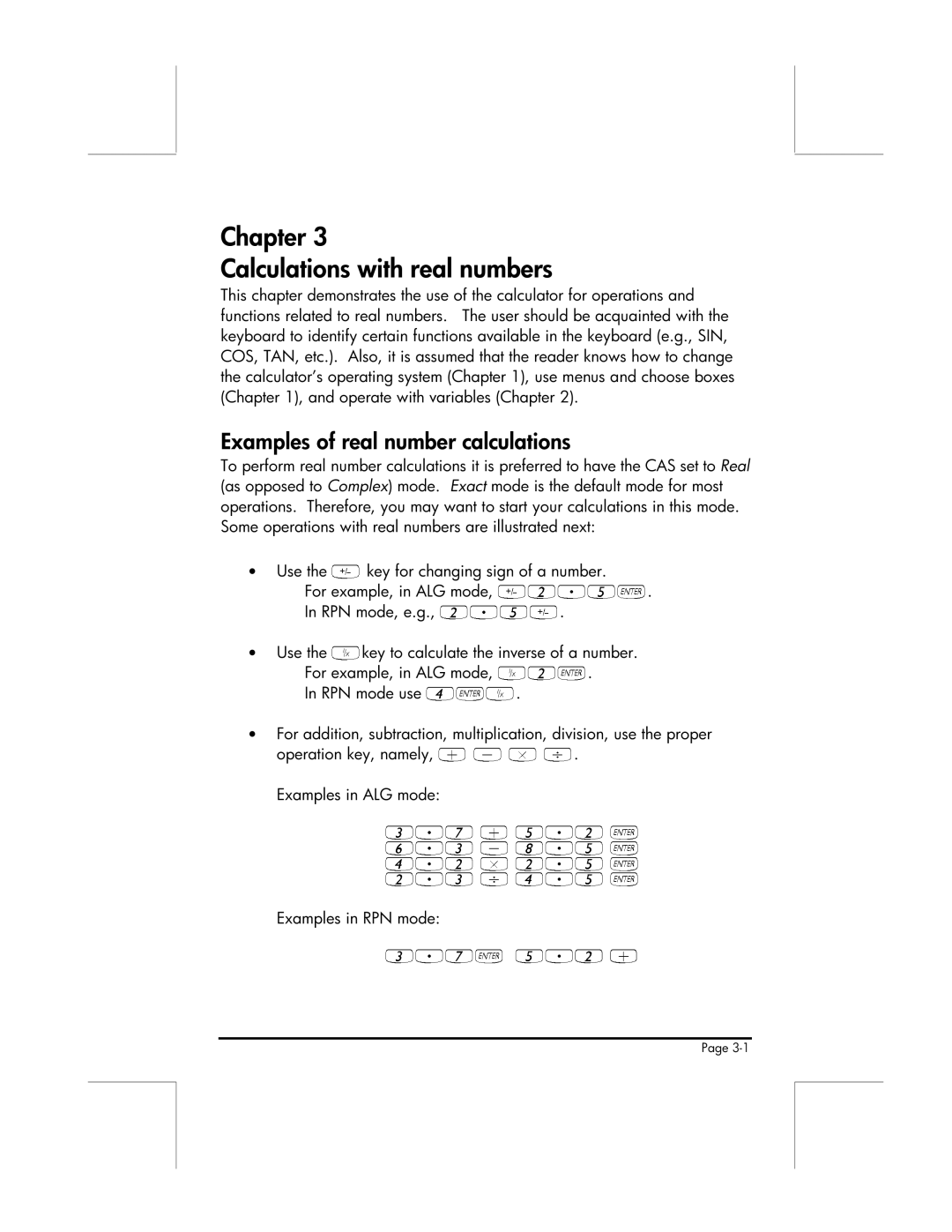 HP 49g manual Chapter Calculations with real numbers, Examples of real number calculations 