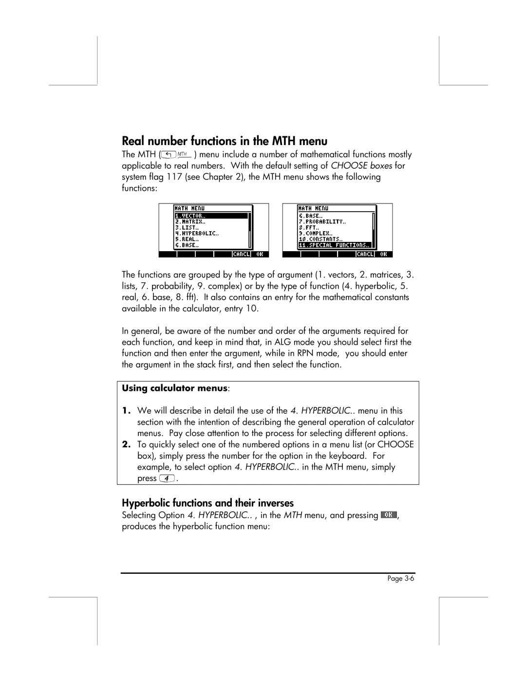 HP 49g manual Real number functions in the MTH menu, Hyperbolic functions and their inverses 