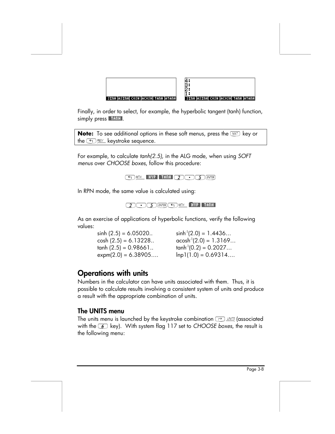 HP 49g manual With units, Units menu, Key or 