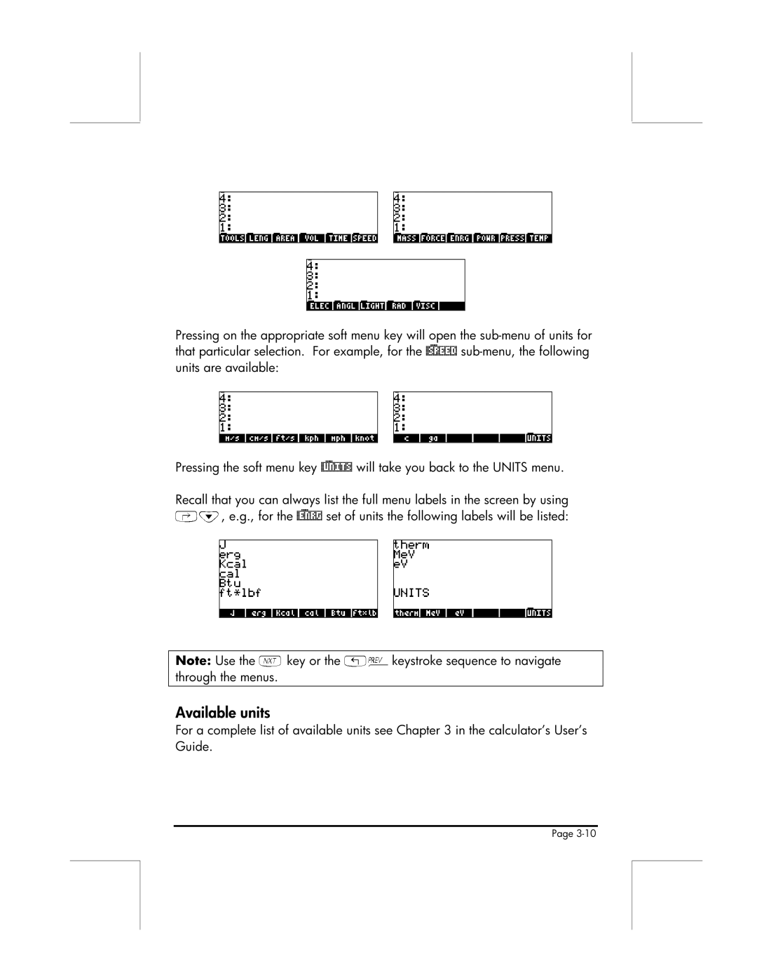 HP 49g Available units, For Set of units, Labels will be listed, Key or Keystroke sequence to navigate Through the menus 