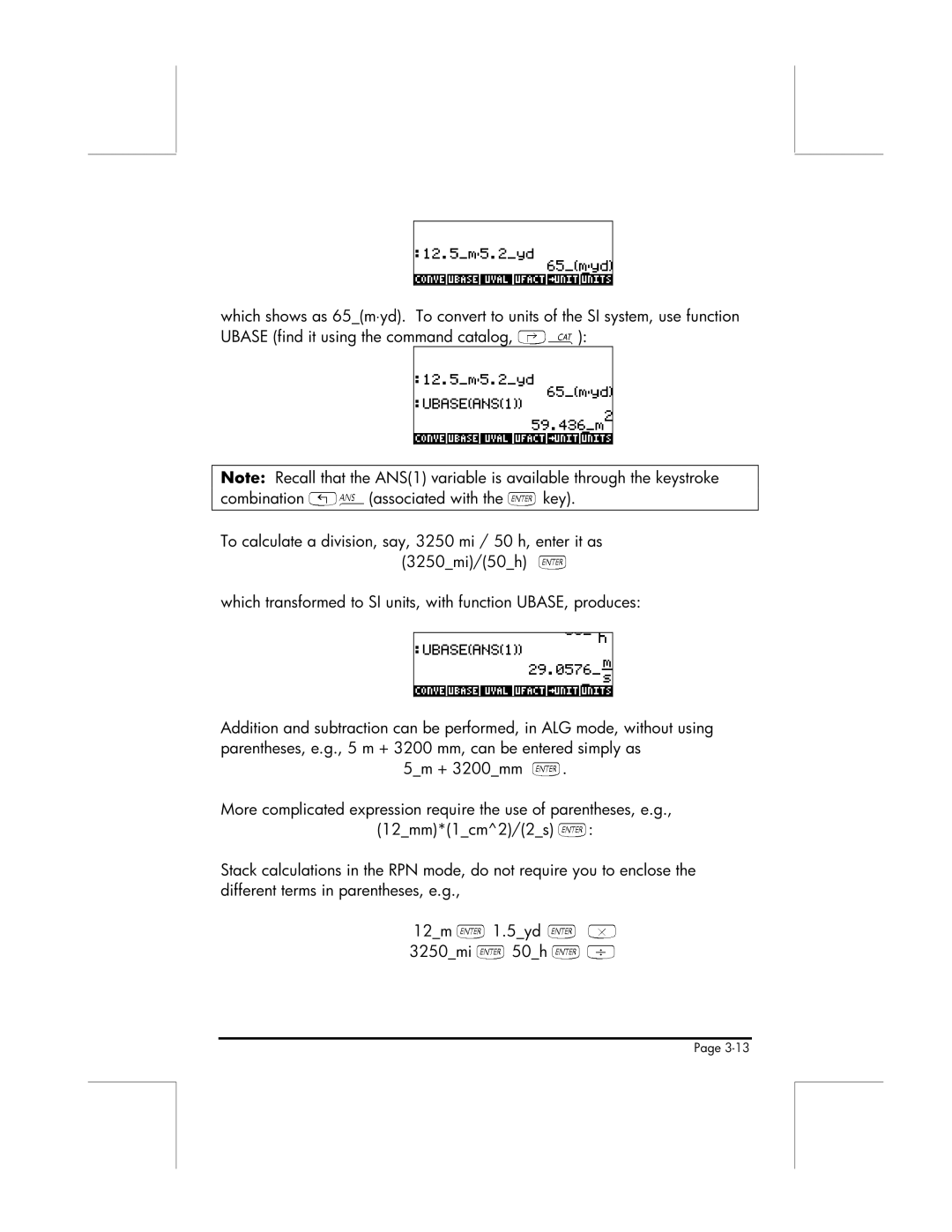 HP 49g manual Different terms in parentheses, e.g, 12m 3250mi 