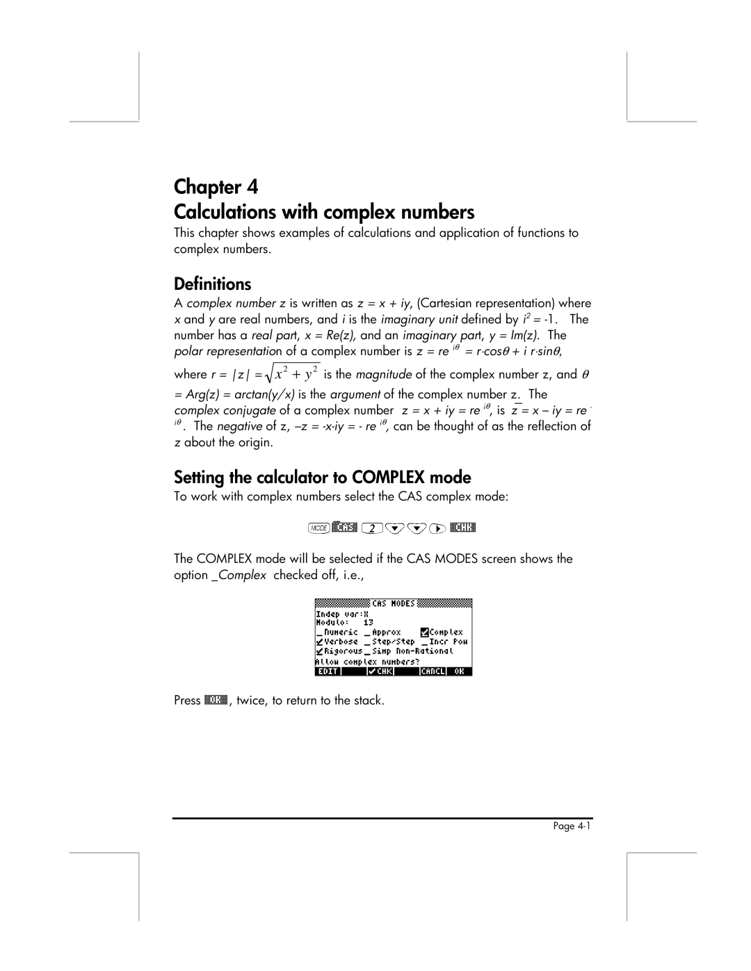 HP 49g manual Chapter Calculations with complex numbers, Definitions, Setting the calculator to Complex mode 