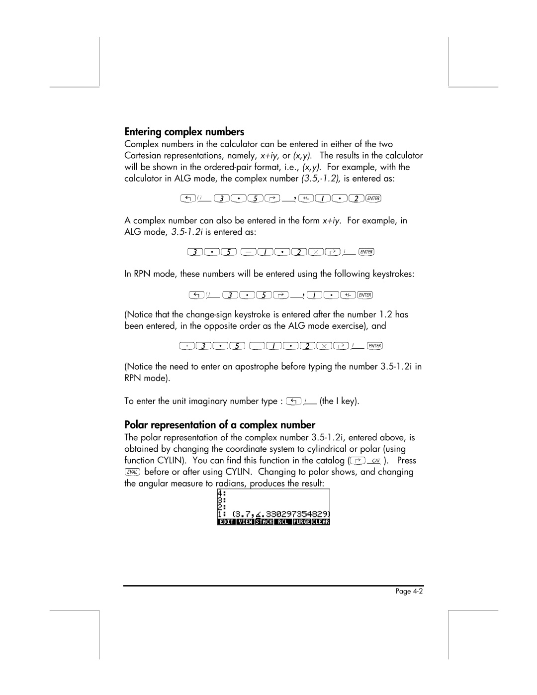 HP 49g manual Entering complex numbers, Polar representation of a complex number 