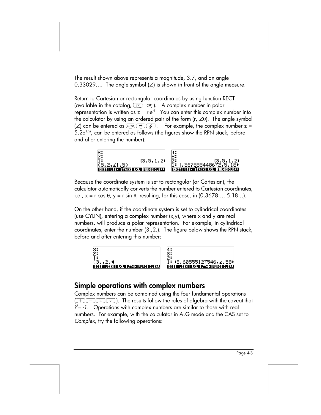 HP 49g manual Simple operations with complex numbers 