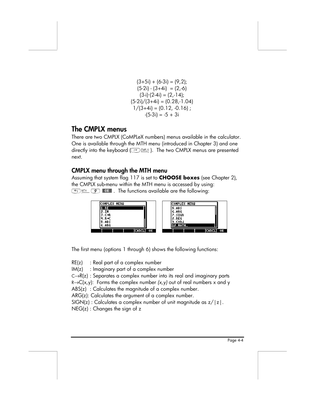 HP 49g manual Cmplx menus, Cmplx menu through the MTH menu 