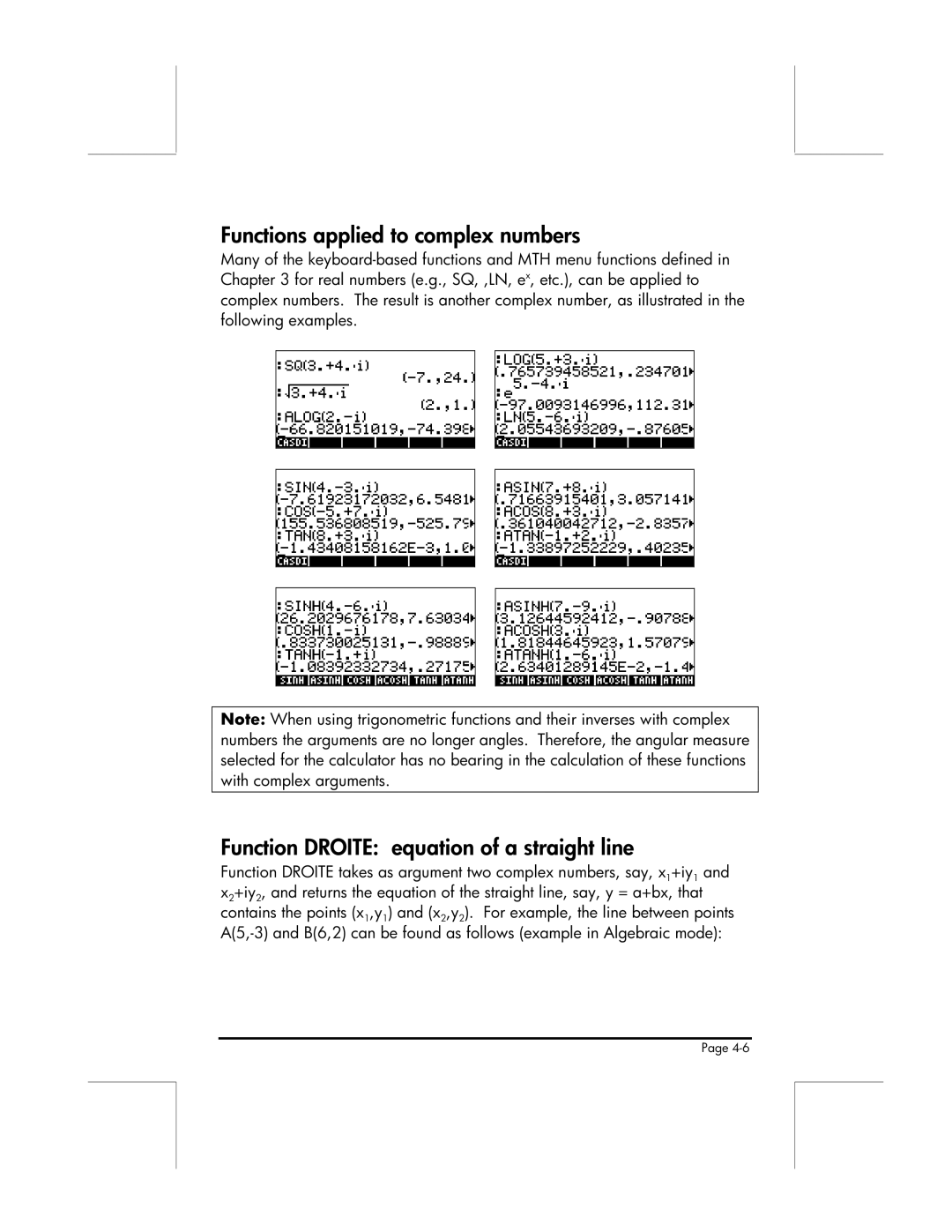 HP 49g manual Functions applied to complex numbers, Function Droite equation of a straight line 