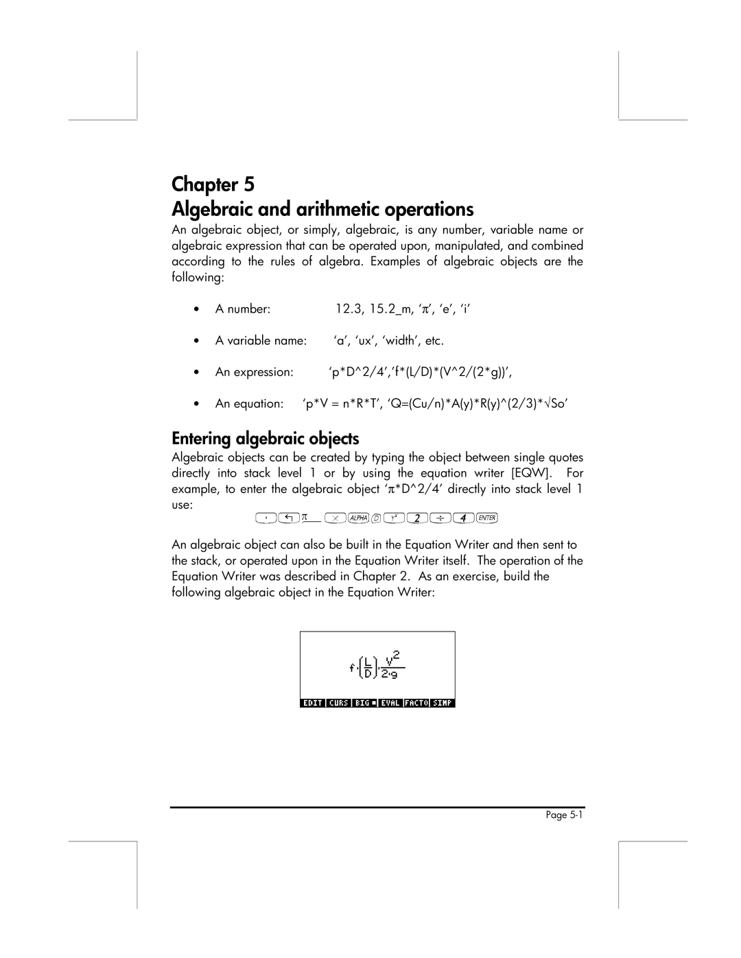 HP 49g manual Chapter Algebraic and arithmetic operations, Entering algebraic objects 