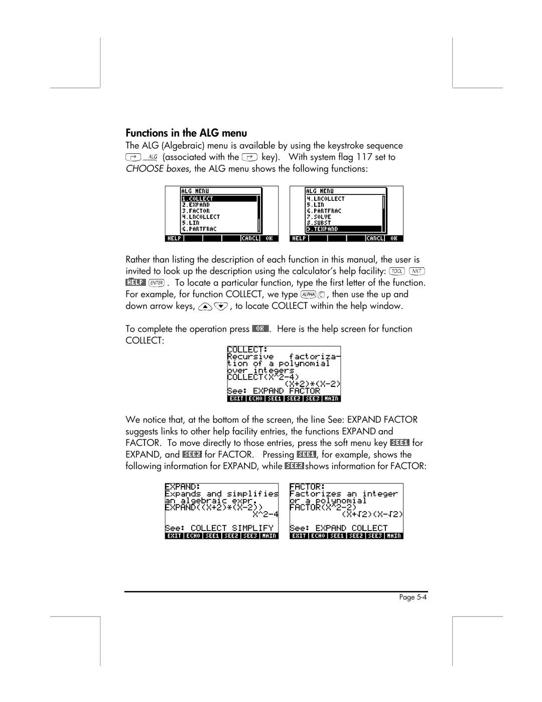 HP 49g manual @Help@`, Functions in the ALG menu 