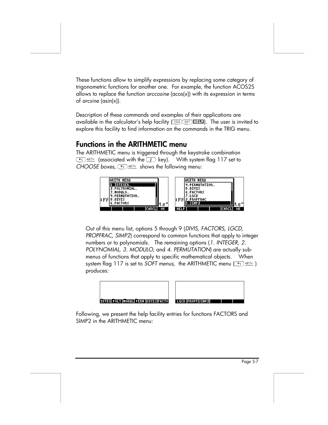 HP 49g manual Functions in the Arithmetic menu, Shows the following menu 