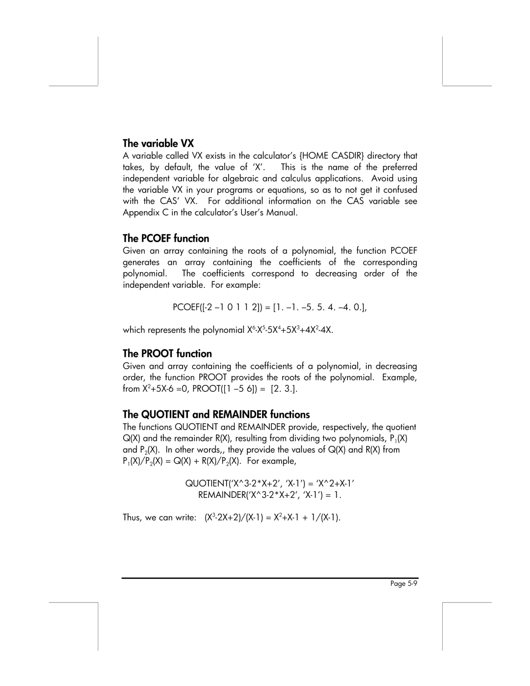 HP 49g manual Variable, Pcoef function, Proot function, Quotient and Remainder functions 