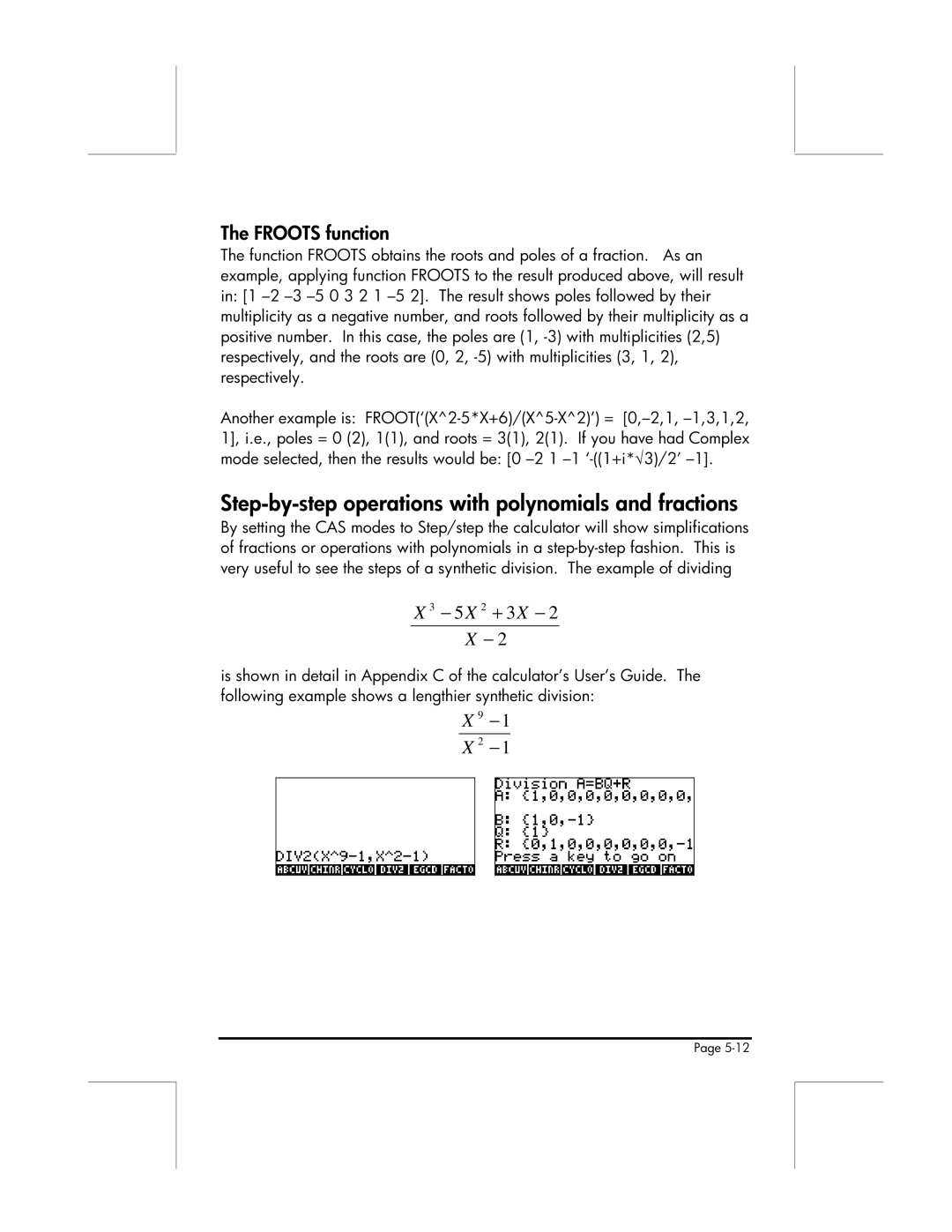 HP 49g manual Step-by-step operations with polynomials and fractions, Froots function 