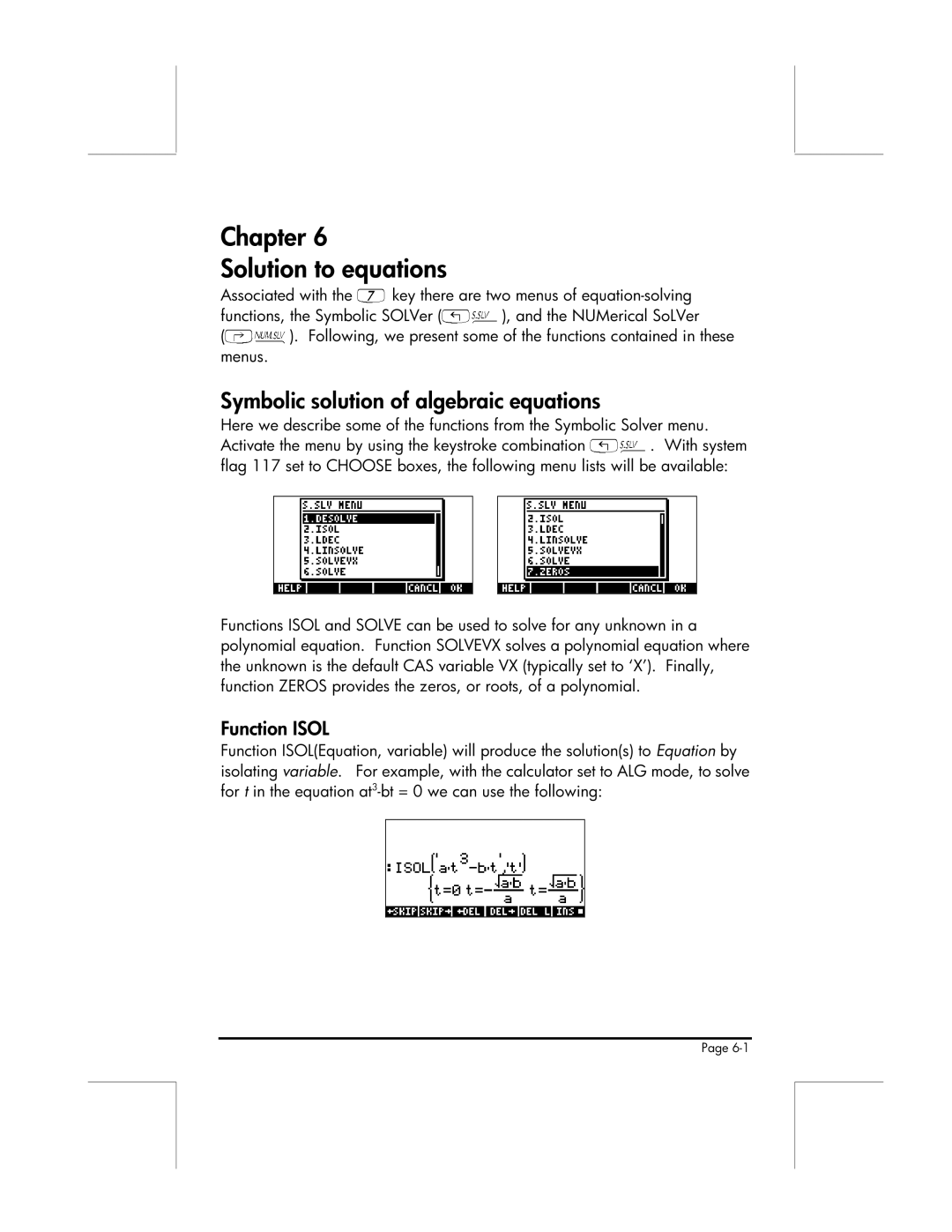 HP 49g manual Chapter Solution to equations, Symbolic solution of algebraic equations, Function Isol 