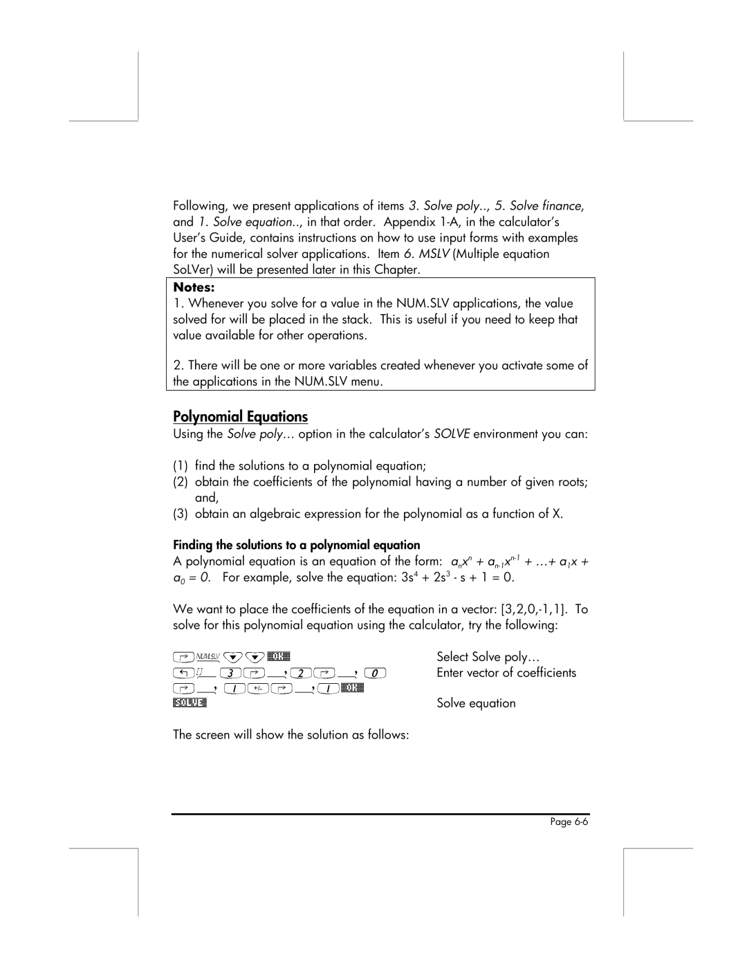 HP 49g manual Polynomial Equations, Enter vector of coefficients, Solve equation 