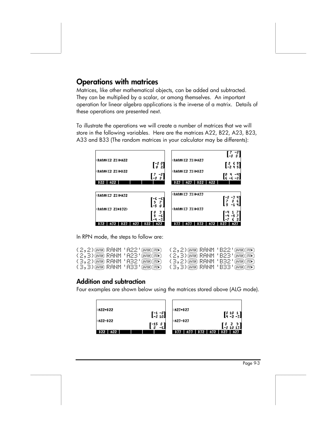 HP 49g manual Operations with matrices, Addition and subtraction 