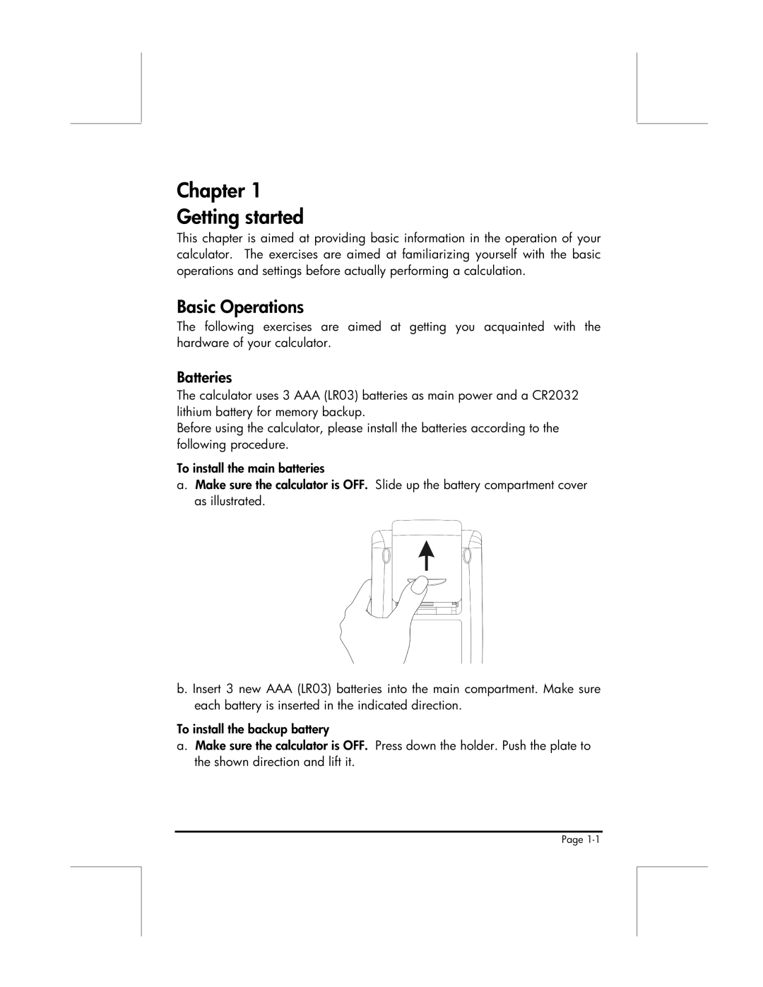 HP 49g manual Chapter Getting started, Basic Operations, Batteries 